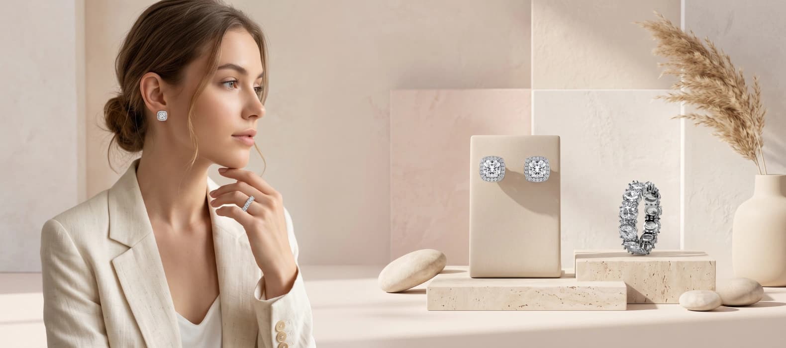 Aretes y anillo de la colección Éclat sobre set de piedra